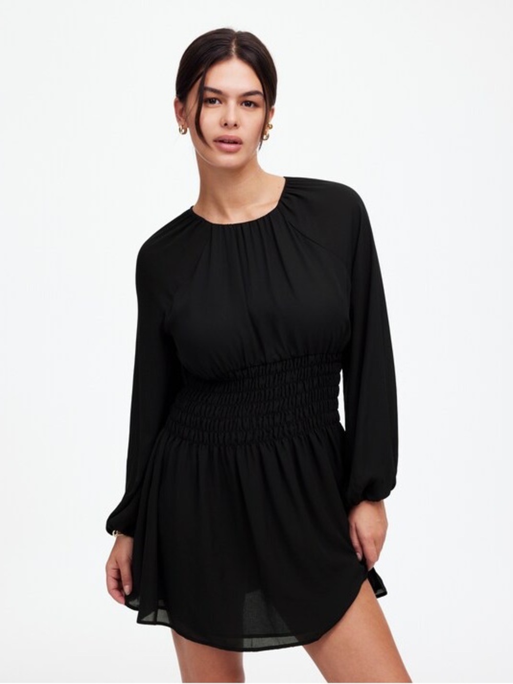 Madewell Black Chiffon Smocked Waist Long Sleeve Mini Dress M NWT